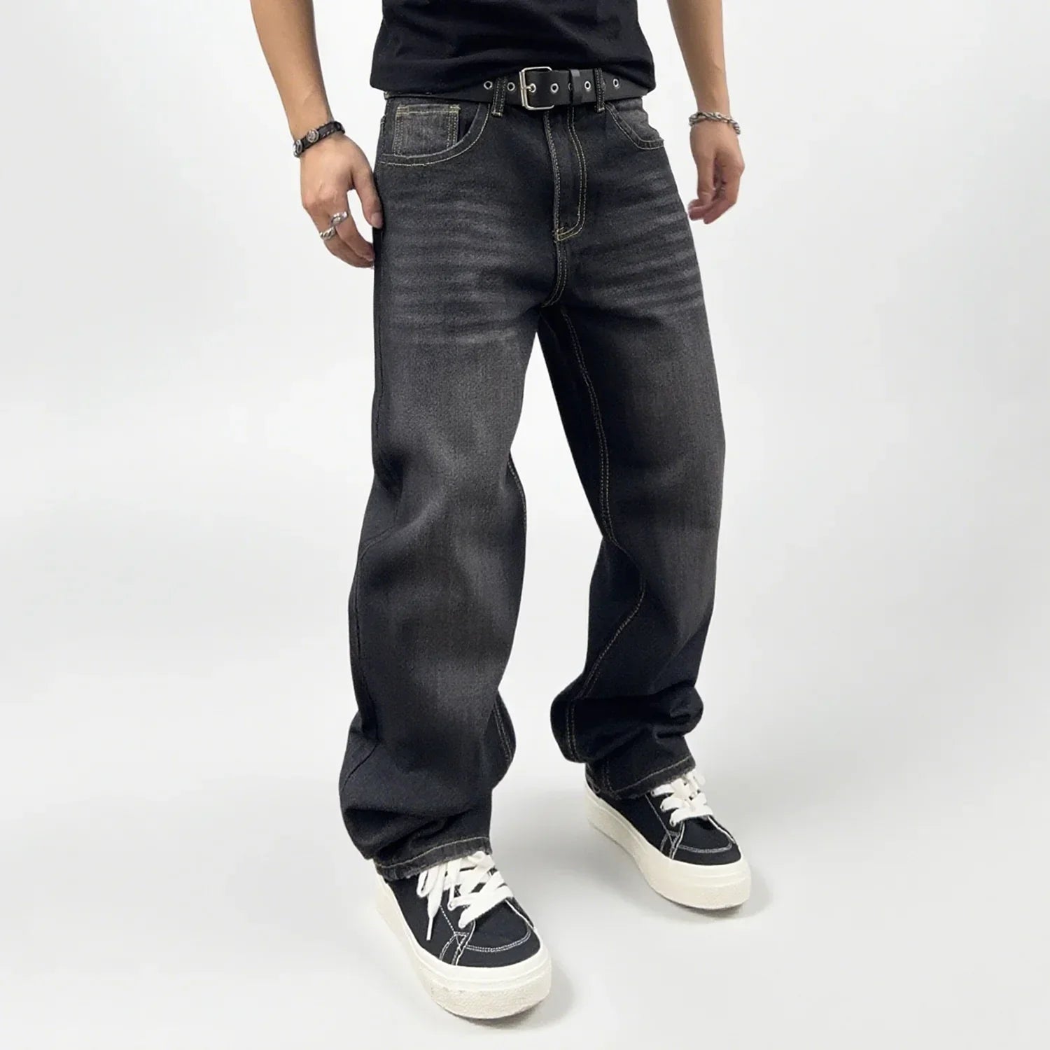 Oversized Men's Jeans - Straight Cut, Washed Denim, Autumn Black - Tophatter Daily Deals