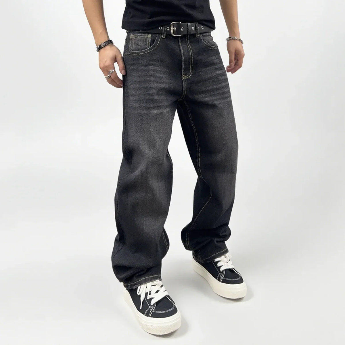 Oversized Men's Jeans - Straight Cut, Washed Denim, Autumn Black - Tophatter Daily Deals