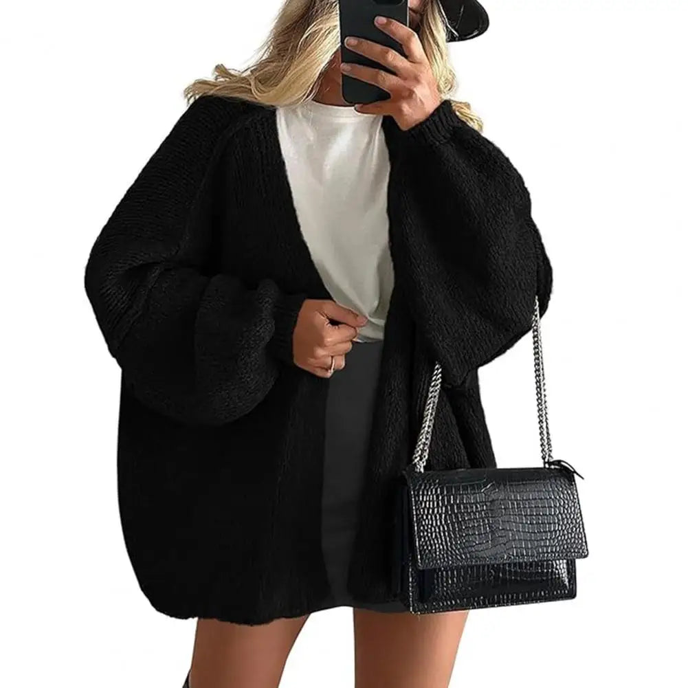 Oversized Women’s Cardigan - Open Front Chunky Knit, Fall Black - Tophatter Daily Deals