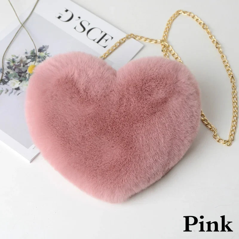 Faux Fur Heart Bag Furry With Gold Chain Handbag Crossbody Pink Mythical - Tophatter Daily Deals