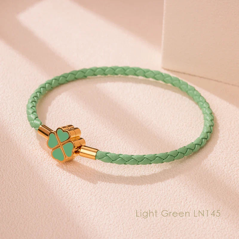 Four Leaf Clover Braided Leather Lucky Bracelet Gift Light Green CHINA - Tophatter Daily Deals