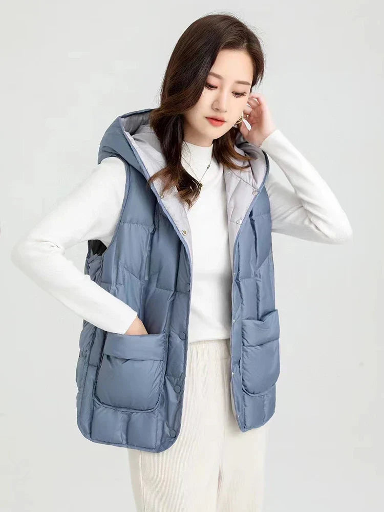 Lightweight Women Hooded Down Vest - Boxy, Down, Autumn Blue - Tophatter Daily Deals