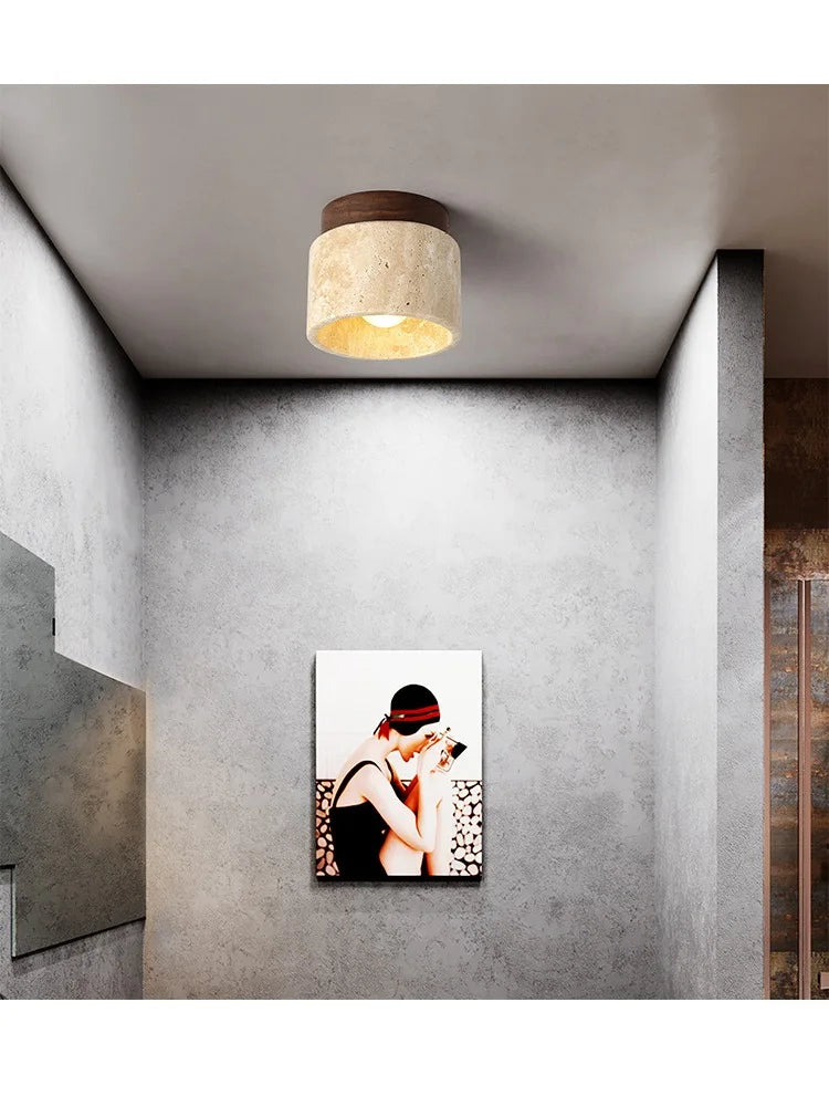 Japandi Travertine Ceiling Light Wood Cap Round Mid Century Lamp - Tophatter Daily Deals