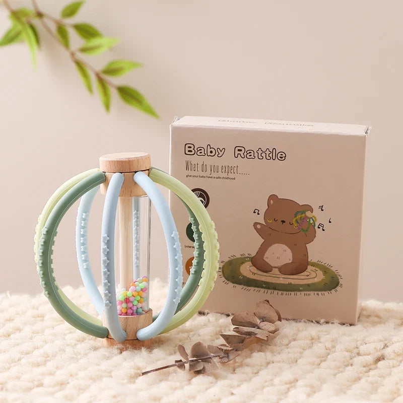 Baby Rattle Silicone Teether Wooden Newborn Sensory Toys - Tophatter Daily Deals