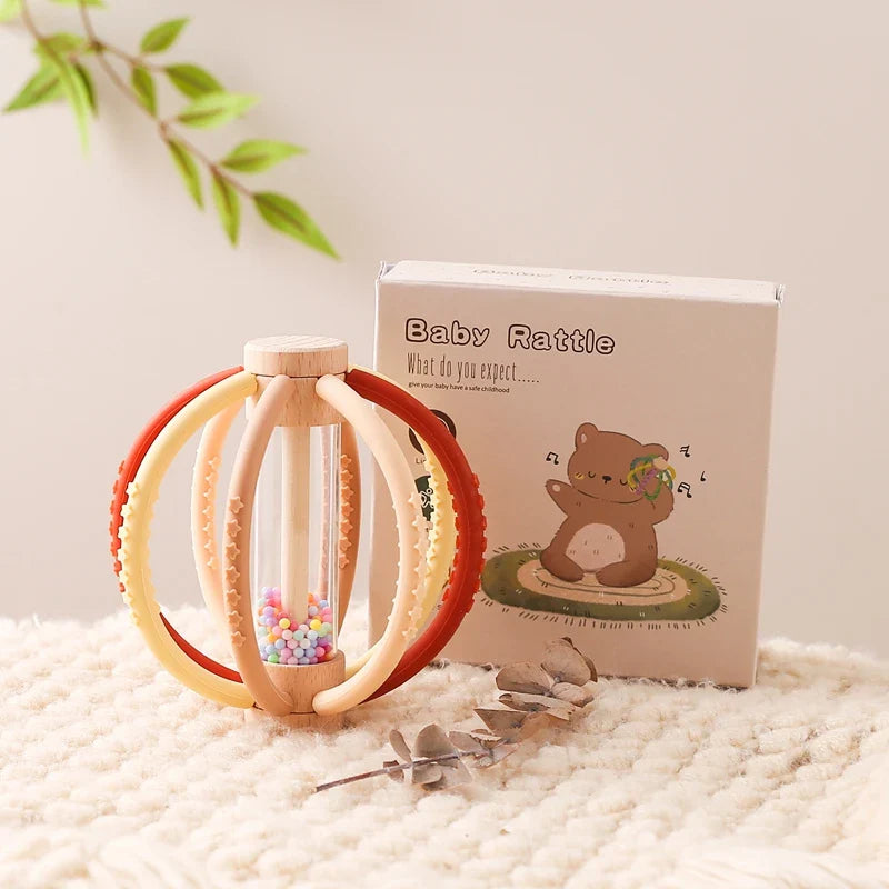 Baby Rattle Silicone Teether Wooden Newborn Sensory Toys - Tophatter Daily Deals