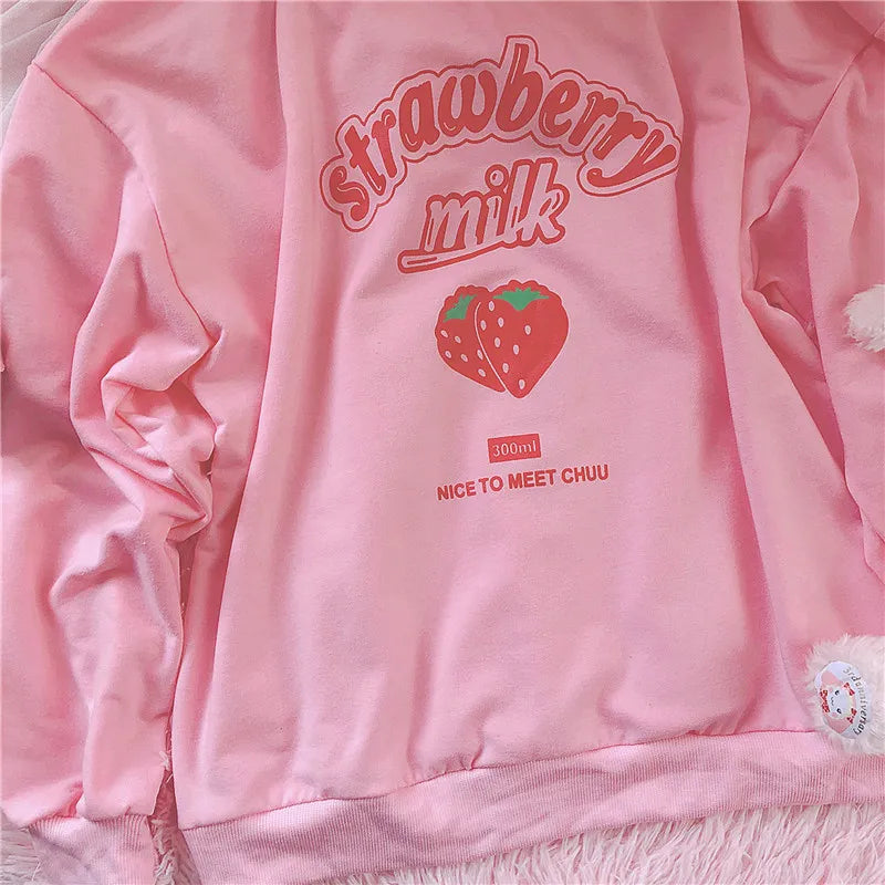 Harajuku Strawberry Milk Pink Sweatshirt Top Long-Sleeved Food - Tophatter Daily Deals