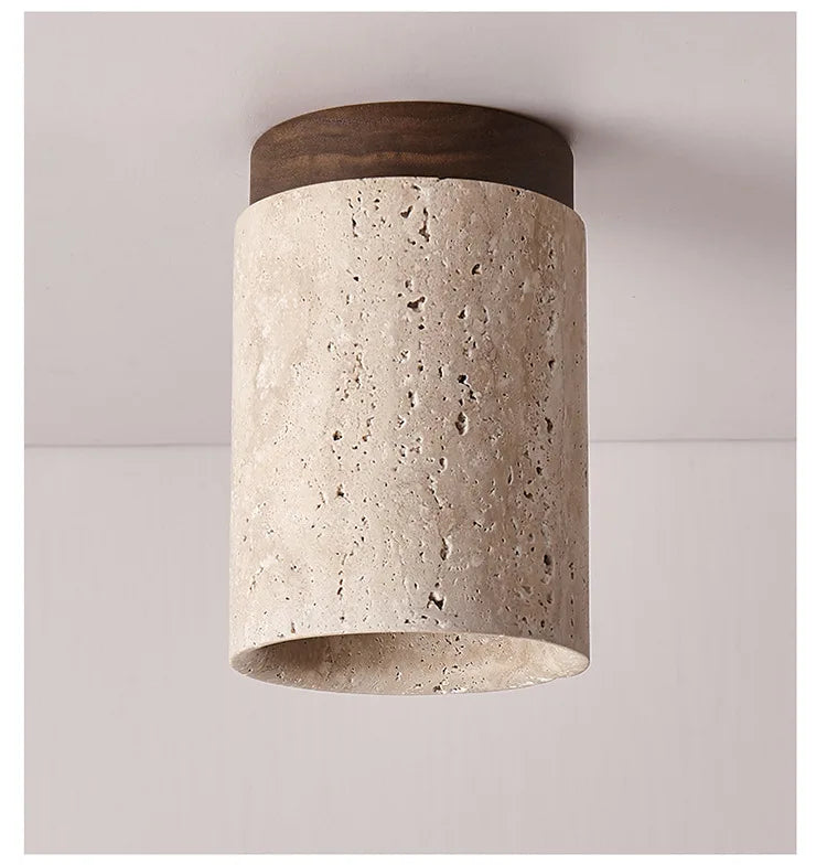 Japandi Travertine Ceiling Light Wood Cap Round Mid Century Lamp - Tophatter Daily Deals