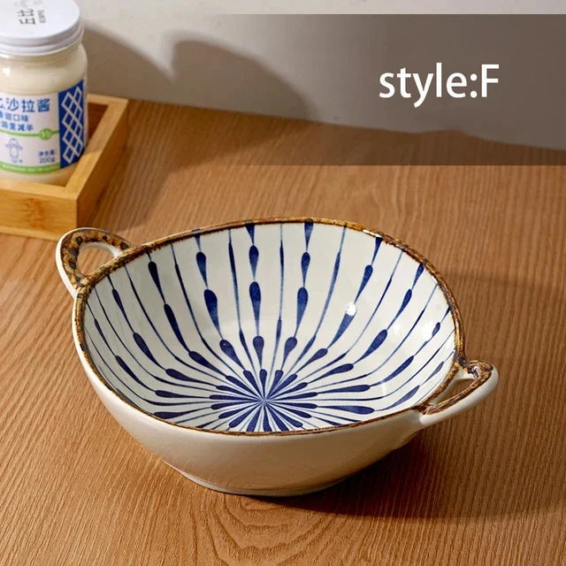 Ceramic Noodle Bowl 7.5 Inch Dual Handle Floral Bowl F - Tophatter Daily Deals