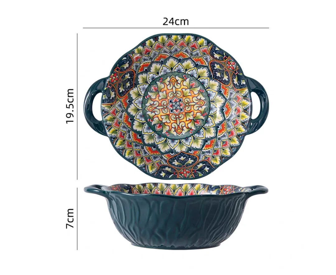 Ceramic Soup Bowl Bohemian Handle Embossed Microwave 9.29in bowl green 7.5 inch - Tophatter Daily Deals