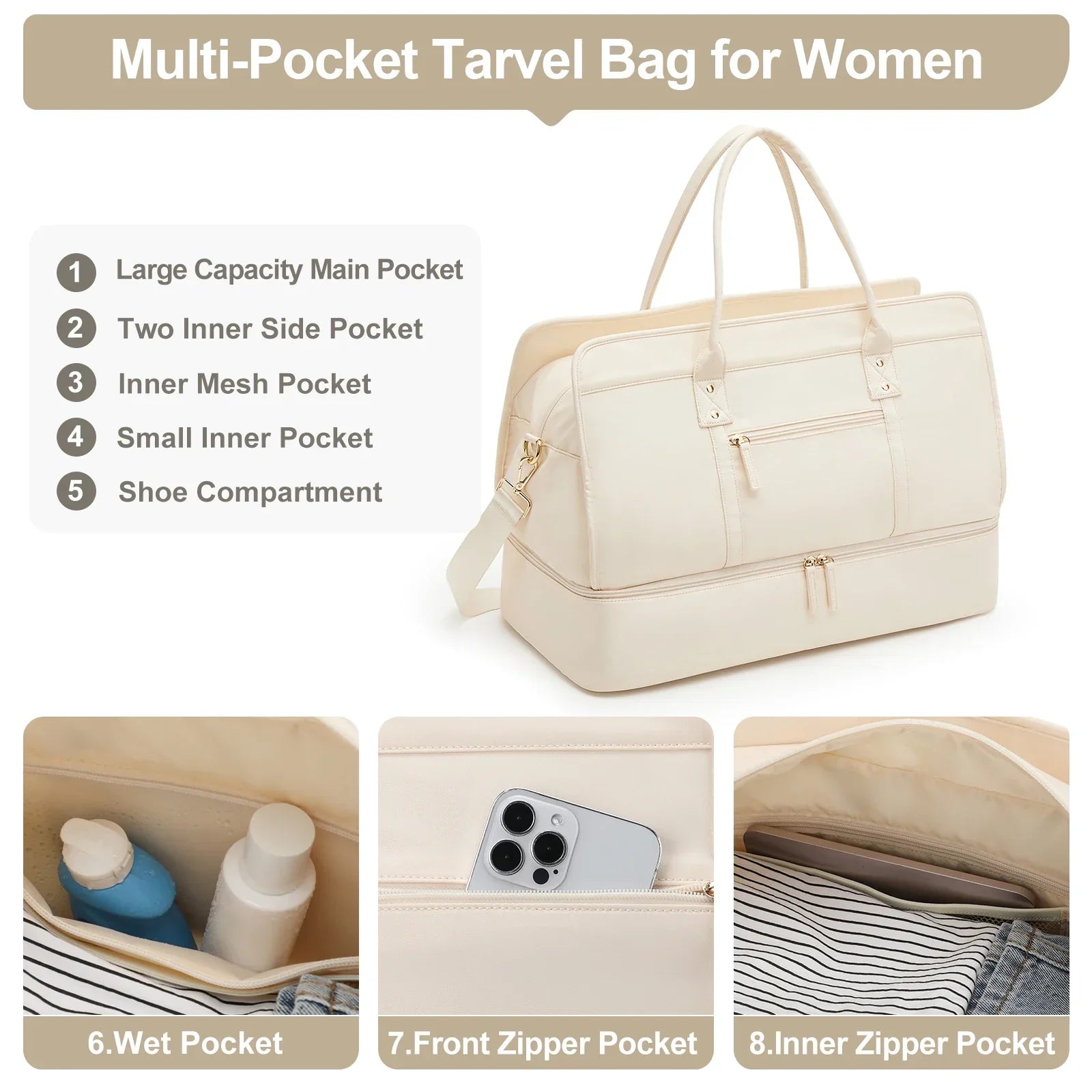 Luggage Travel Bag with Clothes and Toiletry Bag (Beige) Luggage & Bags > Duffel Bags - Tophatter Daily Deals