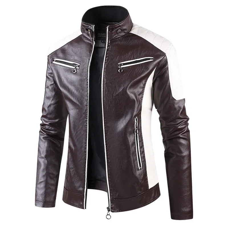 Men Slim Fit PU Moto Leather Jacket (Brown) Apparel & Accessories > Clothing > Outerwear > Coats & Jackets - Tophatter Daily Deals