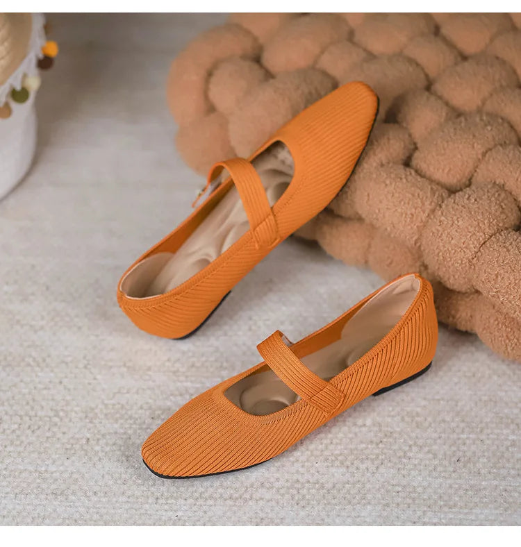 Stretchy Women Mary Jane Flats - Ribbed Knit For Spring Orange - Tophatter Daily Deals