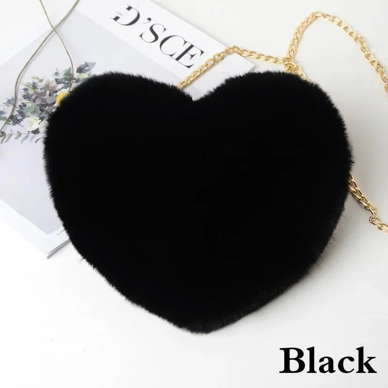Faux Fur Heart Bag Furry With Gold Chain Handbag Crossbody Black Mythical - Tophatter Daily Deals
