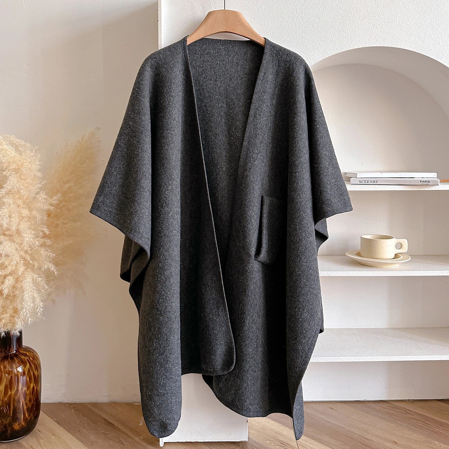 Warm Womens Poncho - Draped Cape Knot, Cashmere Pashmina Dark Grey - Tophatter Daily Deals