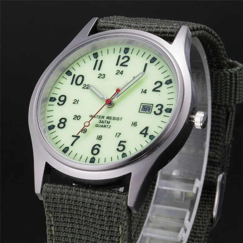 Quartz Field Watch Nylon Strap Military Style Date Luminous Green fluorescent - Tophatter Daily Deals