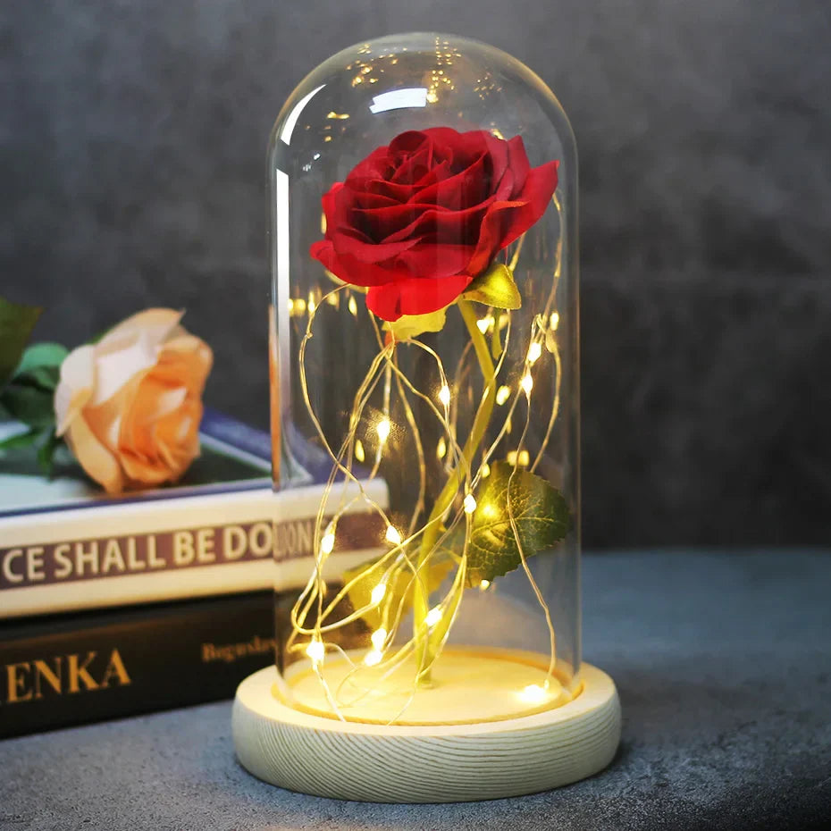 Beauty & The Beast Eternal Red Rose In Glass Dome with LED Lights Perfect Red Flowers - Tophatter Daily Deals