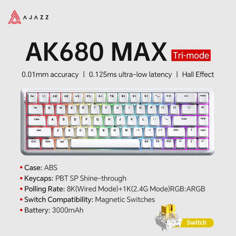 Mechanical Keyboard Sixty Mini Wireless ARGB Magnetic Hall White 8-1K-Tri-mode - Tophatter Daily Deals