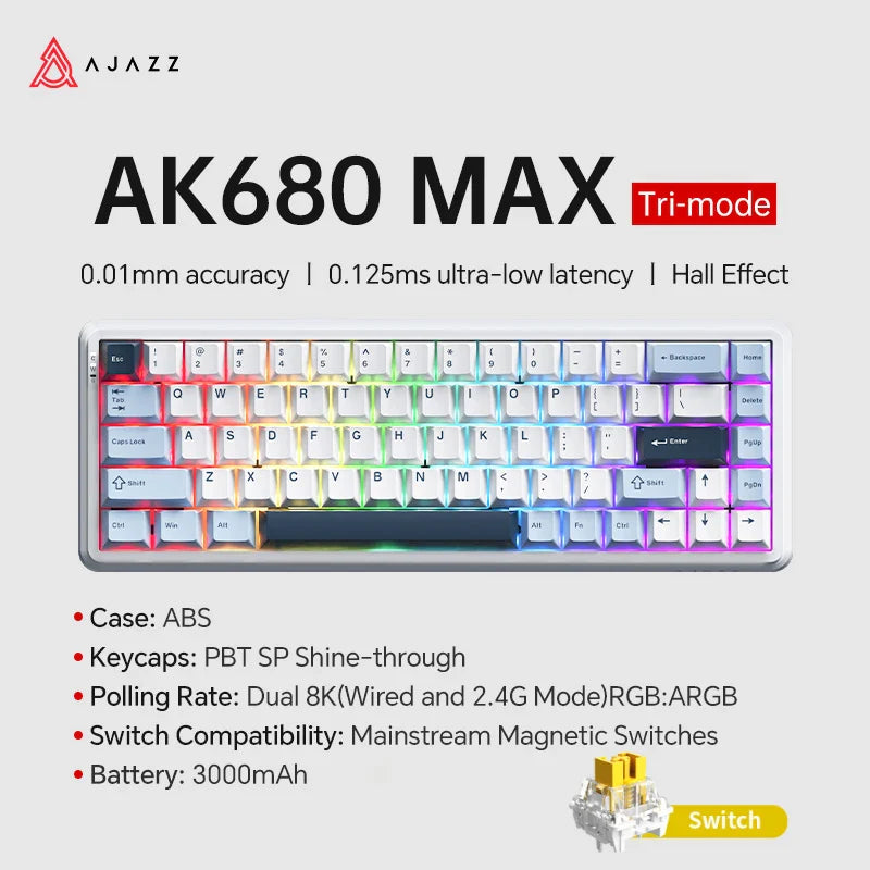 Mechanical Keyboard Sixty Mini Wireless ARGB Magnetic Hall BLUE 8-8K-Tri-mode - Tophatter Daily Deals