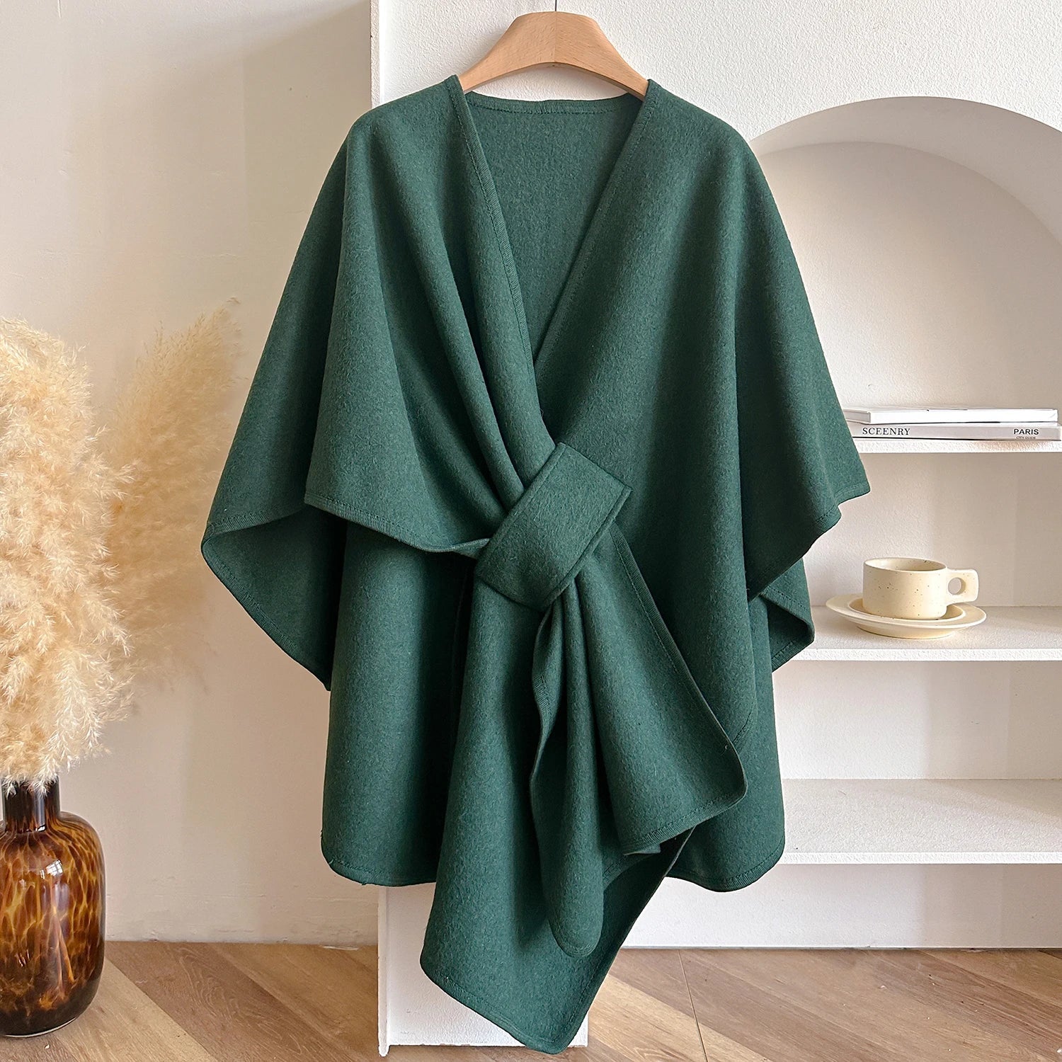 Warm Womens Poncho - Draped Cape Knot, Cashmere Pashmina Green - Tophatter Daily Deals
