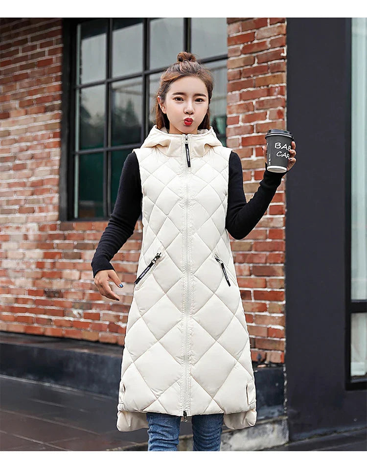 Lightweight Women's Long Puffer Vest - Hooded Cotton Winter - Tophatter Daily Deals