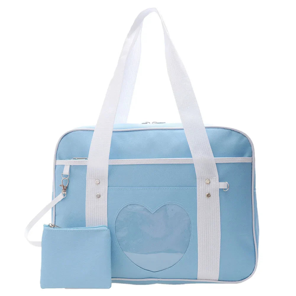 Heart PU Leather Laptop Bag Pastel Handbag Top Handle Japanese Style School Bag Blue - Tophatter Daily Deals