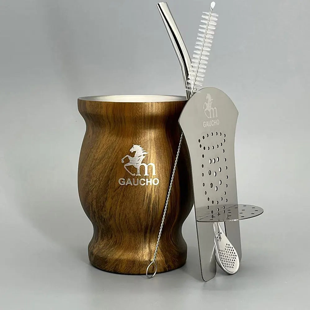 Yerba Mate Bombilla Set Stainless Steel Mate Kit Easy Clean MT019-05 Wood grain - Tophatter Daily Deals
