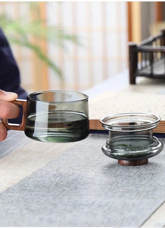 200ml Tea Infuser Cup Heat Resistant Glass Mug Wood Handle - Tophatter Daily Deals