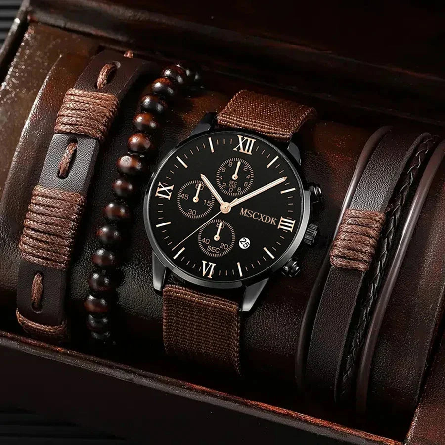 4pcs Men's Quartz Watch Set with Bracelets (Coffee) Apparel & Accessories > Jewelry > Watches - Tophatter Daily Deals