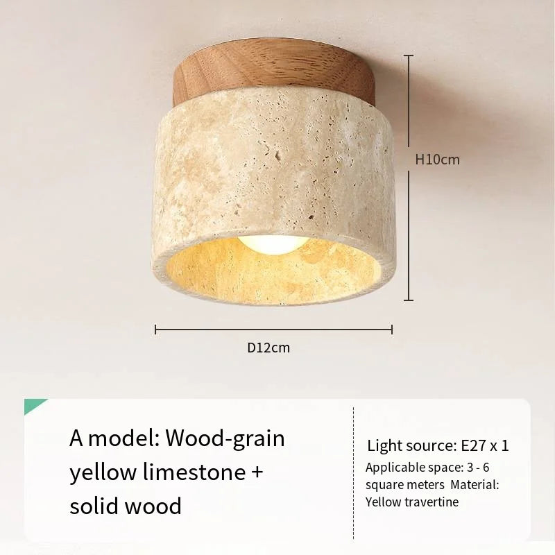Japandi Travertine Ceiling Light Wood Cap Round Mid Century Lamp A-02 - Tophatter Daily Deals