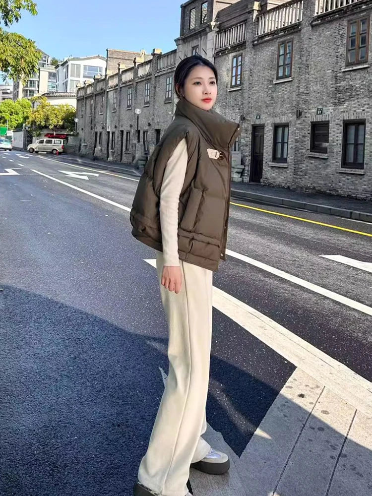 Warm Women’s Down Vest - Cropped Boxy, PU, Winter Layering - Tophatter Daily Deals