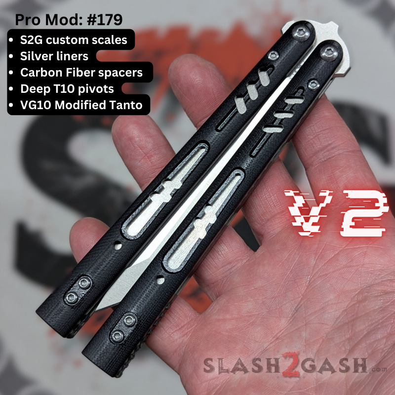 S2G FrankenREP V2 Balisong clone TITANIUM Butterfly Knife - V2 (G10) Pro Mod 179 - Black S2G w Silver + CF (you choose blade shape) Knife-Balisong - Tophatter Daily Deals