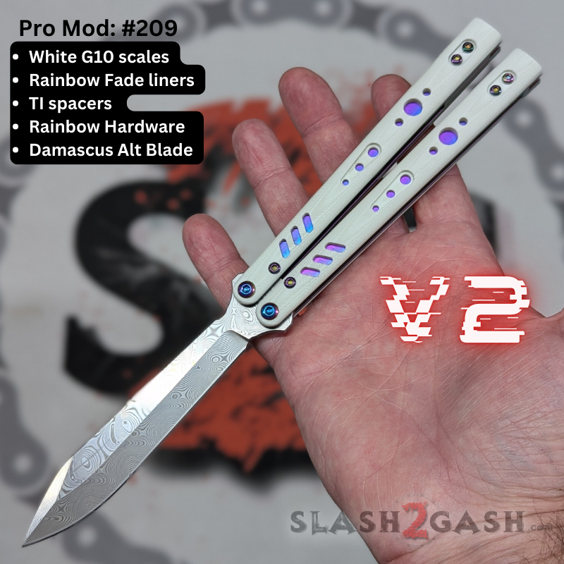 S2G FrankenREP V2 Balisong clone TITANIUM Butterfly Knife - V2 (G10) Pro Mod 209 - White w Fade + Rainbow Hardware, Damascus Alt (sharp) Knife-Balisong - Tophatter Daily Deals