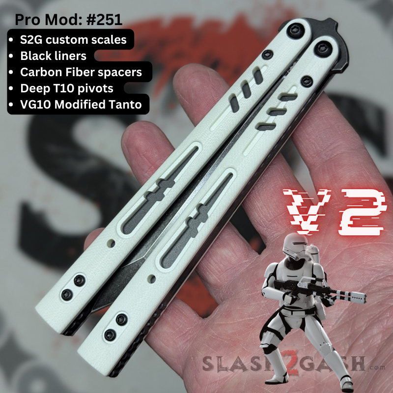 S2G FrankenREP V2 Balisong clone TITANIUM Butterfly Knife - V2 (G10) Pro Mod 251 - Storm Trooper S2G w CF channel (you choose blade shape) Knife-Balisong - Tophatter Daily Deals