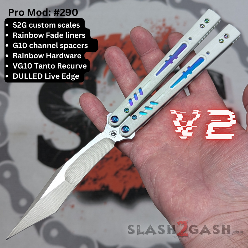 S2G FrankenREP V2 Balisong clone TITANIUM Butterfly Knife - V2 (G10) Pro Mod 290 - White S2G w Rainbow +G10, Tanto Recurve (Dulled Live Edge) Knife-Balisong - Tophatter Daily Deals