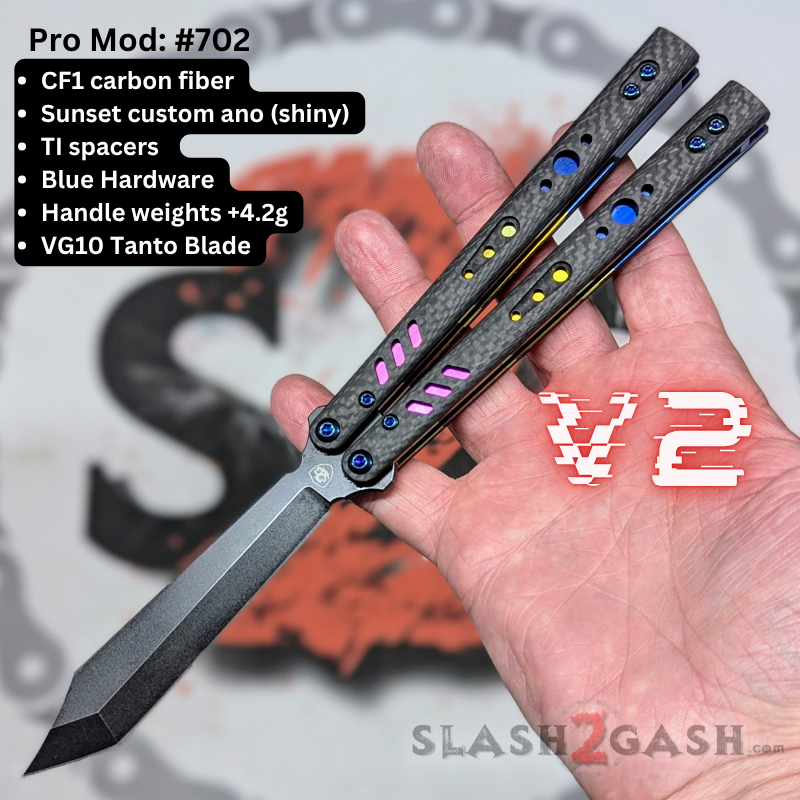 S2G FrankenREP Balisong clone TITANIUM Butterfly Knife - V2 (Carbon Fiber) Pro Mod 702 - CF1 w Sunset + weights+ blue (you choose blade shape) Knife-Balisong - Tophatter Daily Deals