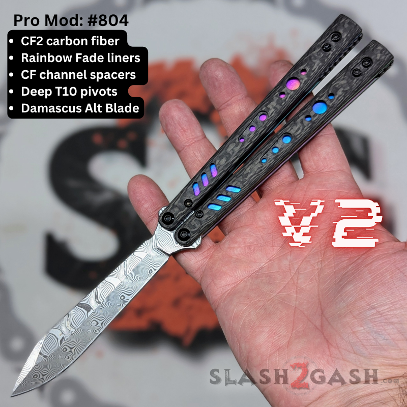 S2G FrankenREP Balisong clone TITANIUM Butterfly Knife - V2 (Carbon Fiber) Pro Mod 804 - CF2 w Fade + CF channel, Damascus Alt (sharp) Knife-Balisong - Tophatter Daily Deals