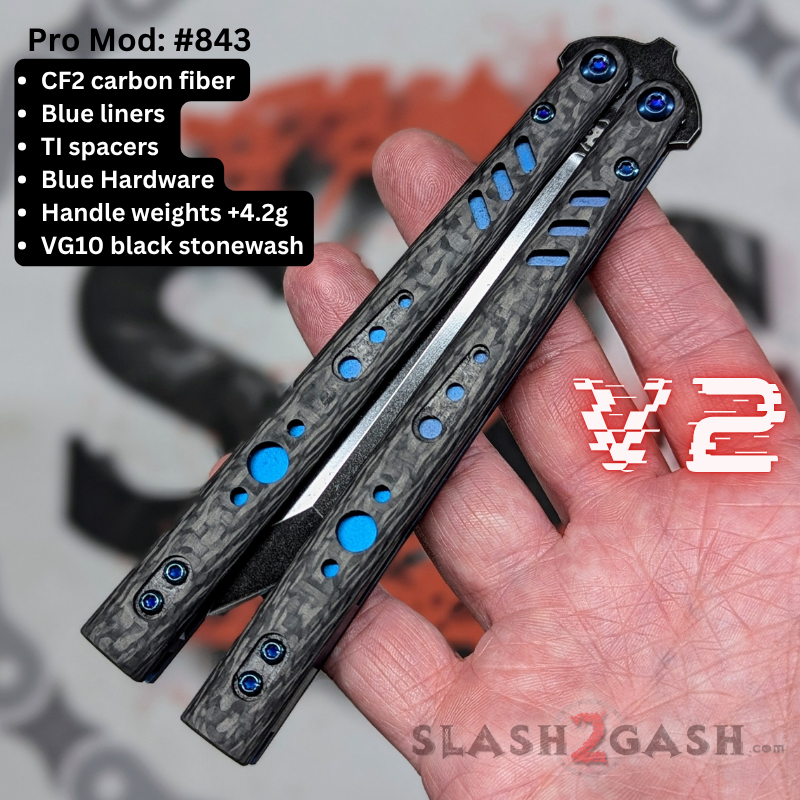 S2G FrankenREP Balisong clone TITANIUM Butterfly Knife - V2 (Carbon Fiber) Pro Mod 843 - CF2 w Blue + weights (you choose blade shape) Knife-Balisong - Tophatter Daily Deals