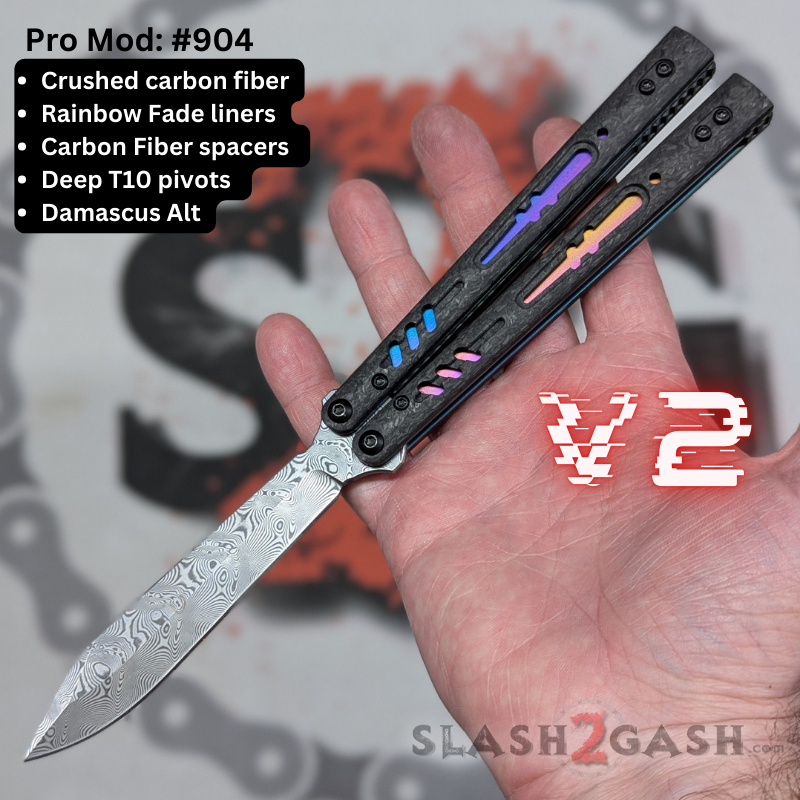 S2G FrankenREP Balisong clone TITANIUM Butterfly Knife - V2 (Carbon Fiber) Pro Mod 904 - CF3 w Fade + CF channel, Damascus Alt (sharp) Knife-Balisong - Tophatter Daily Deals