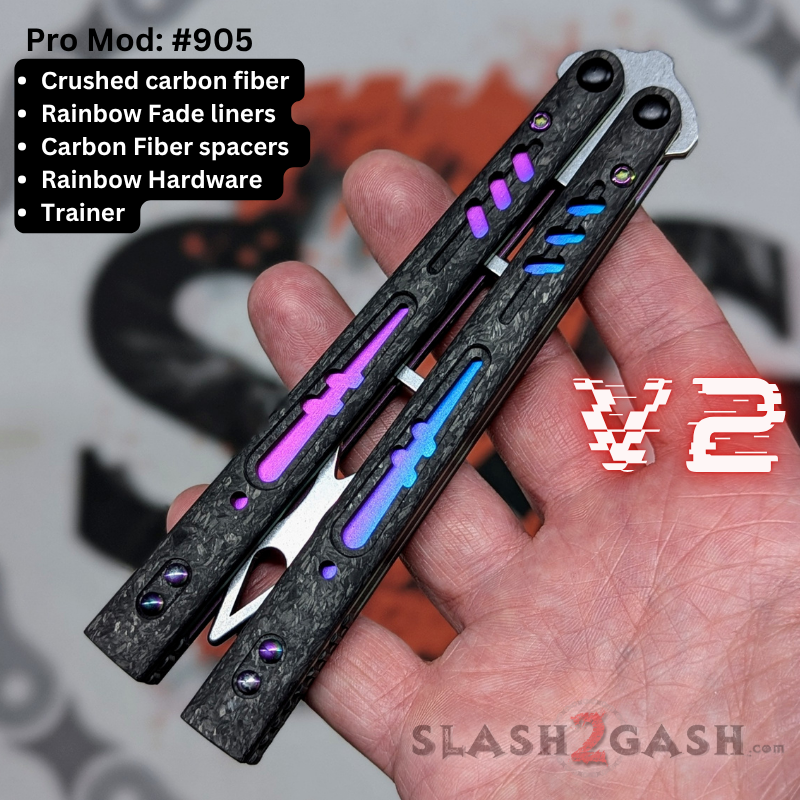 S2G FrankenREP Balisong clone TITANIUM Butterfly Knife - V2 (Carbon Fiber) Pro Mod 905 - CF3 w Fade + CF channel, VG10 (you choose blade shape) Knife-Balisong - Tophatter Daily Deals