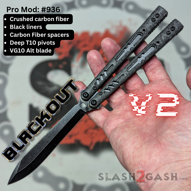 S2G FrankenREP Balisong clone TITANIUM Butterfly Knife - V2 (Carbon Fiber) Pro Mod 936 - CF3 Blackout w CF channel, VG10 (you choose blade shape) Knife-Balisong - Tophatter Daily Deals