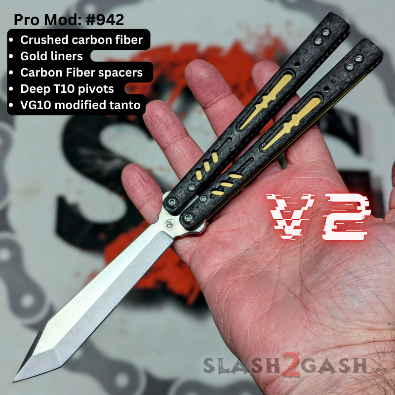 S2G FrankenREP Balisong clone TITANIUM Butterfly Knife - V2 (Carbon Fiber) Pro Mod 942 - CF3 w Gold + CF channel, VG10 (you choose blade shape) Knife-Balisong - Tophatter Daily Deals