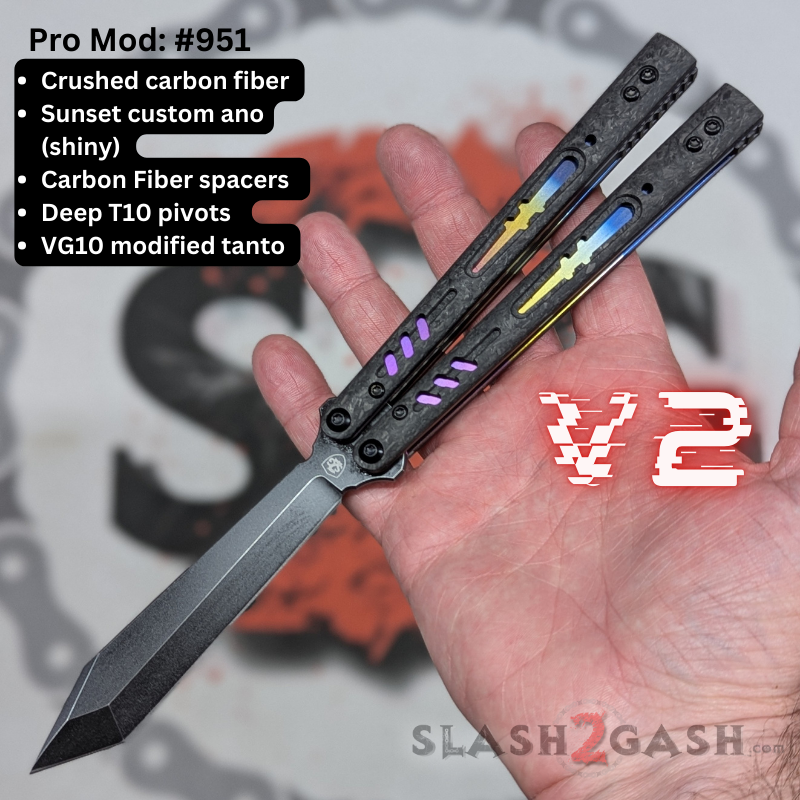 S2G FrankenREP Balisong clone TITANIUM Butterfly Knife - V2 (Carbon Fiber) Pro Mod 951 - CF3 w Sunset + CF channel, VG10 (you choose blade shape) Knife-Balisong - Tophatter Daily Deals