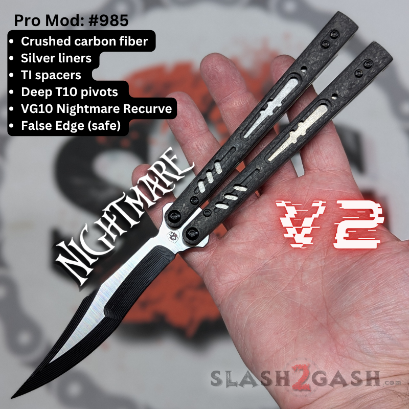 S2G FrankenREP Balisong clone TITANIUM Butterfly Knife - V2 (Carbon Fiber) Pro Mod 985 - CF3 Black + Silver, Nightmare Recurve (TRUE Edge) Knife-Balisong - Tophatter Daily Deals