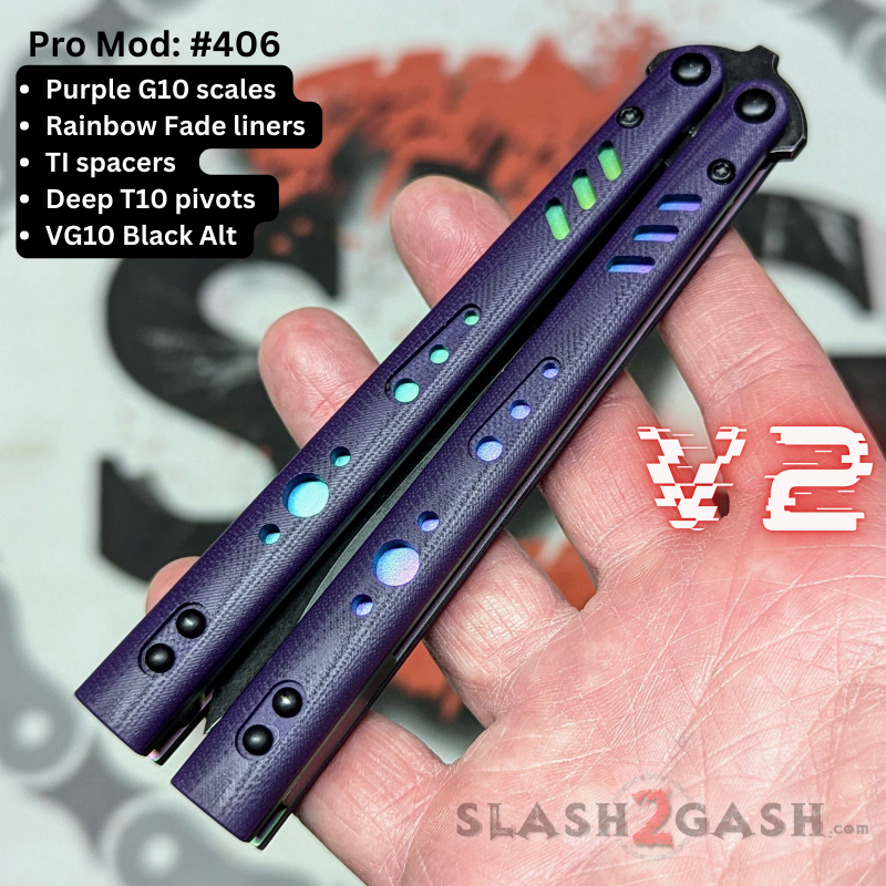 S2G FrankenREP V2 Balisong clone TITANIUM Butterfly Knife - V2 (G10) Pro Mod 406 - Purple w Rainbow liners, VG10 (you choose blade shape color) Knife-Balisong - Tophatter Daily Deals