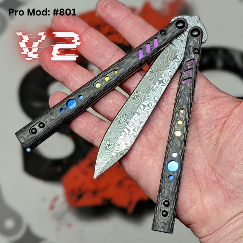 S2G FrankenREP Balisong clone TITANIUM Butterfly Knife - V2 (Carbon Fiber) Pro Mod 801 - CF2 w Sunset, DAMASCUS Alt (sharp) Knife-Balisong - Tophatter Daily Deals
