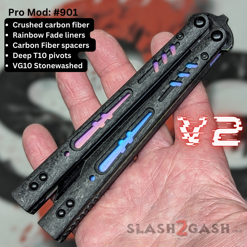 S2G FrankenREP Balisong clone TITANIUM Butterfly Knife - V2 (Carbon Fiber) Pro Mod 901 - CF3 w Fade + CF channel, VG10 (you choose blade shape) Knife-Balisong - Tophatter Daily Deals