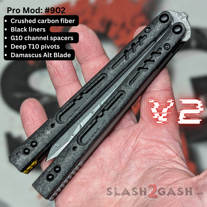 S2G FrankenREP Balisong clone TITANIUM Butterfly Knife - V2 (Carbon Fiber) Pro Mod 902 - CF3 w Black + G10 channel, Damascus (you choose spacer colors) Knife-Balisong - Tophatter Daily Deals