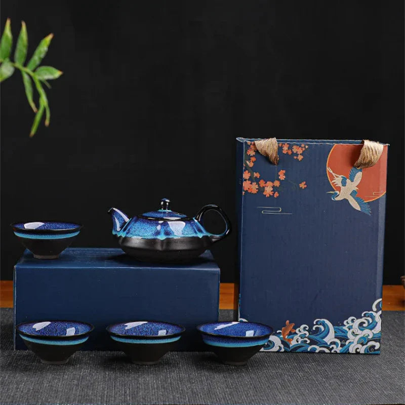 Jun Kiln Ceramic Tea Set With Gift Box Blue Premium Glaze - Tophatter Daily Deals