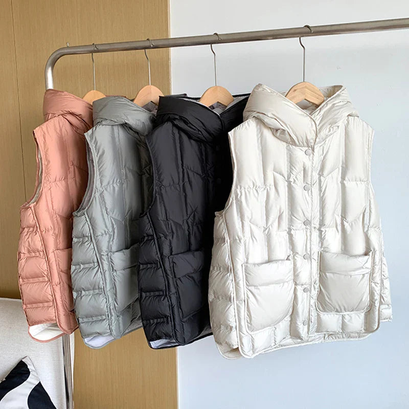 Lightweight Women Hooded Down Vest - Boxy, Down, Autumn - Tophatter Daily Deals