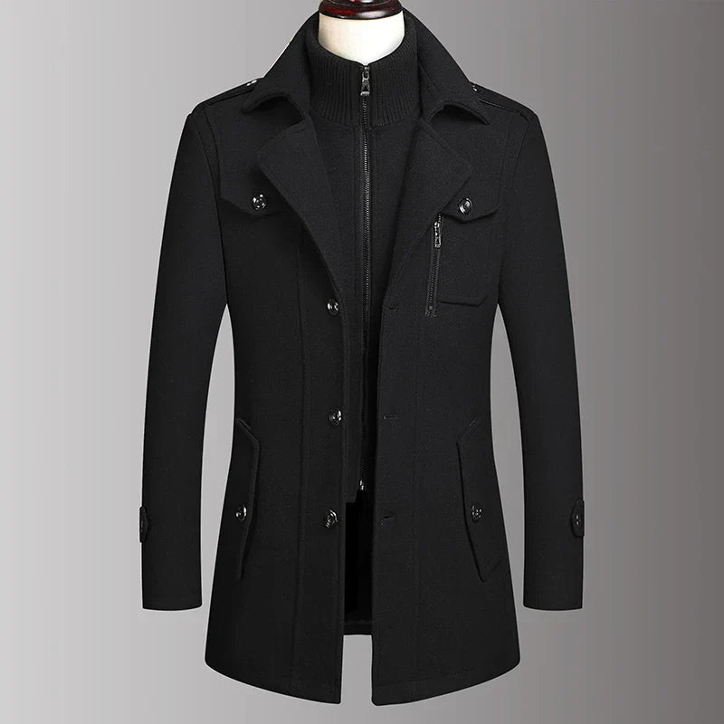 Men's Double Collar Wool Business Coat Winter (Black) Apparel & Accessories > Clothing > Outerwear > Coats & Jackets > Overcoats - Tophatter Daily Deals
